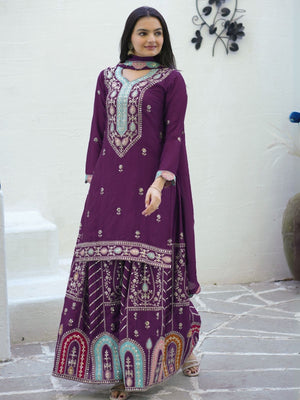 Rajwada Purple Chinon Embroidered Stitched Kurta Set For Women
