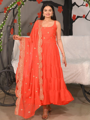 Rajwada Orange Georgette Embroidered Stitched Kurta Set For Women