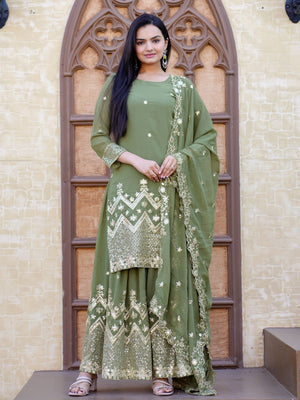 Rajwada Pista Green Georgette Embroidered Stitched Kurta Set For Women