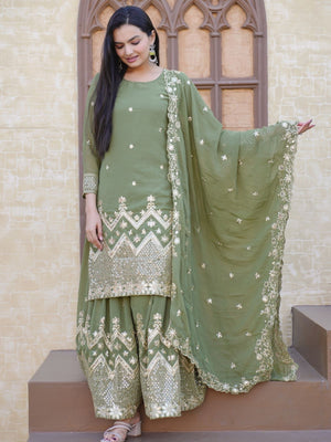 Rajwada Pista Green Georgette Embroidered Stitched Kurta Set For Women