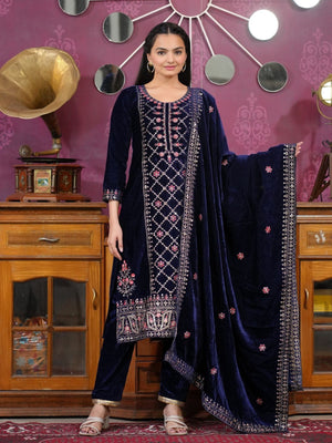 Rajwada Navy Blue Velvet Embroidered Stitched Kurta Set For Women