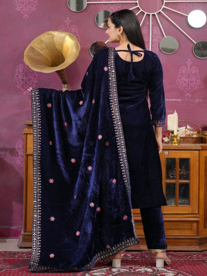 Rajwada Navy Blue Velvet Embroidered Stitched Kurta Set For Women