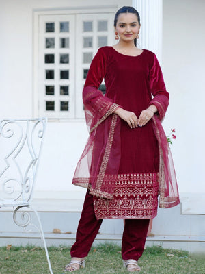 Rajwada Red Velvet Embroidered Stitched Kurta Set For Women