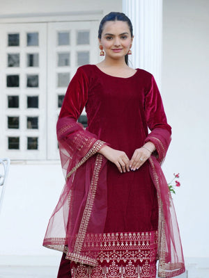 Rajwada Red Velvet Embroidered Stitched Kurta Set For Women