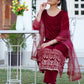 Rajwada Red Velvet Embroidered Stitched Kurta Set For Women