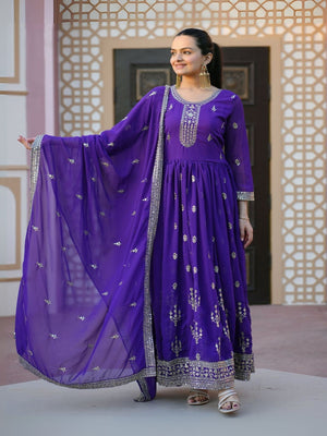 Rajwada Purple Georgette Embroidered Stitched Kurta Set For Women
