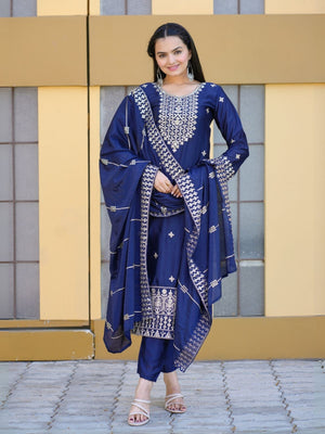 Rajwada Blue Chinon Embroidered Stitched Kurta Set For Women
