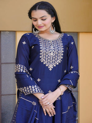 Rajwada Blue Chinon Embroidered Stitched Kurta Set For Women