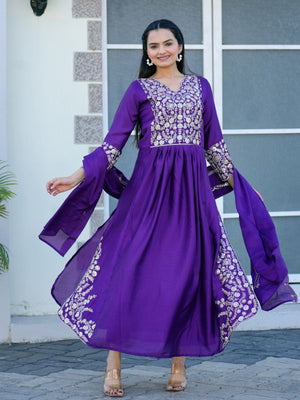 Rajwada Purple Chinon Embroidered Stitched Kurta Set For Women