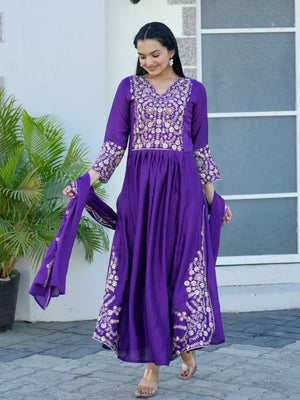 Rajwada Purple Chinon Embroidered Stitched Kurta Set For Women