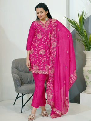 Rajwada Pink Chinon Embroidered Stitched Kurta Set For Women