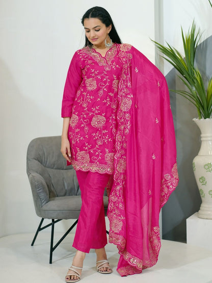 Rajwada Pink Chinon Embroidered Stitched Kurta Set For Women