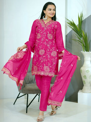 Rajwada Pink Chinon Embroidered Stitched Kurta Set For Women