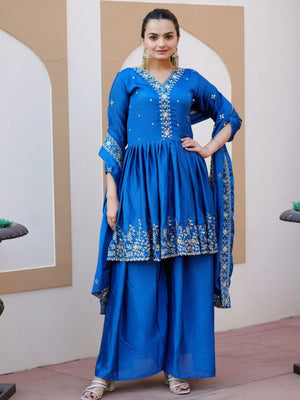 Rajwada Blue Chinon Embroidered Stitched Kurta Set For Women