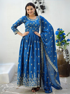 Rajwada Blue Chinon Embroidered Stitched Kurta Set For Women