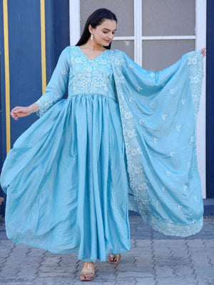 Rajwada Sky Blue Chinon Embroidered Stitched Kurta Set For Women