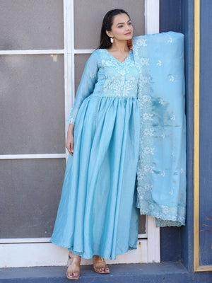 Rajwada Sky Blue Chinon Embroidered Stitched Kurta Set For Women