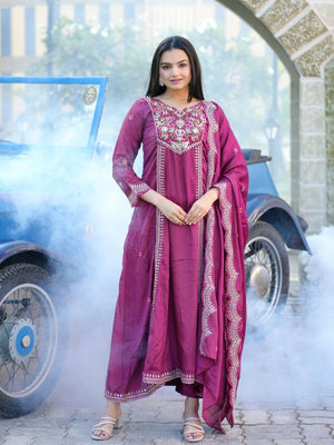 Rajwada Pink Chinon Embroidered Stitched Kurta Set For Women