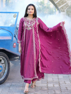 Rajwada Pink Chinon Embroidered Stitched Kurta Set For Women