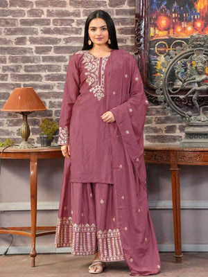 Rajwada Blush Pink Chinon Embroidered Stitched Kurta Set For Women