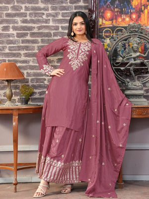 Rajwada Blush Pink Chinon Embroidered Stitched Kurta Set For Women