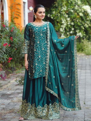 Rajwada Teal Green Poly Georgette Embroidered Stitched Kurta Set For Women