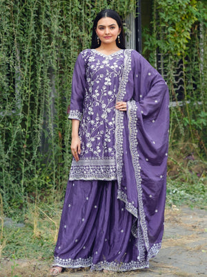 Rajwada Lavender Chinon Embroidered Stitched Kurta Set For Women