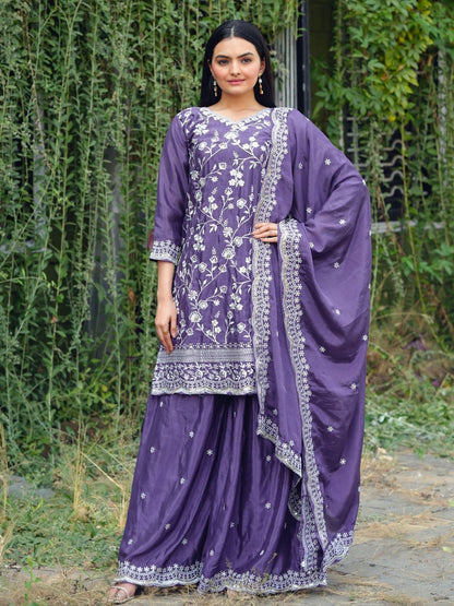 Rajwada Lavender Chinon Embroidered Stitched Kurta Set For Women