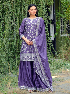 Rajwada Lavender Chinon Embroidered Stitched Kurta Set For Women