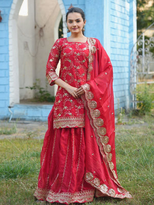 Rajwada Red Poly Georgette Embroidered Stitched Kurta Set For Women