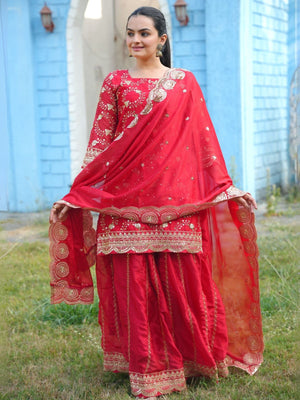 Rajwada Red Poly Georgette Embroidered Stitched Kurta Set For Women