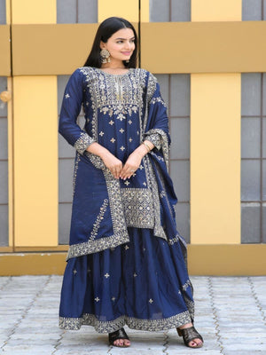Rajwada Blue Chinon Embroidered Stitched Kurta Set For Women