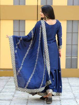 Rajwada Blue Chinon Embroidered Stitched Kurta Set For Women