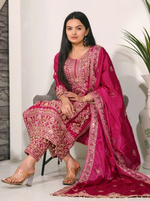 Rajwada Pink Chinon Embroidered Stitched Kurta Set For Women