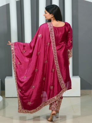 Rajwada Pink Chinon Embroidered Stitched Kurta Set For Women