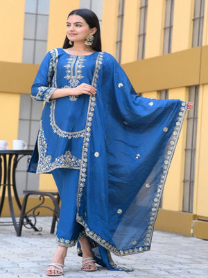 Rajwada Blue Chinon Embroidered Stitched Kurta Set For Women