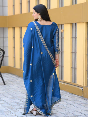 Rajwada Blue Chinon Embroidered Stitched Kurta Set For Women