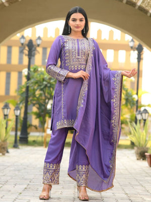 Rajwada Lavender Chinon Embroidered Stitched Kurta Set For Women