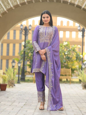Rajwada Lavender Chinon Embroidered Stitched Kurta Set For Women