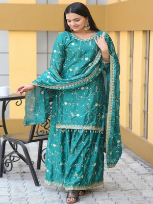 Rajwada Sea Green Chinon Embroidered Stitched Kurta Set For Women