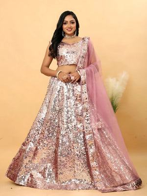 Rajwada Light Pink Satin Slik Embellished Semi-Stitched Lehenga For Women