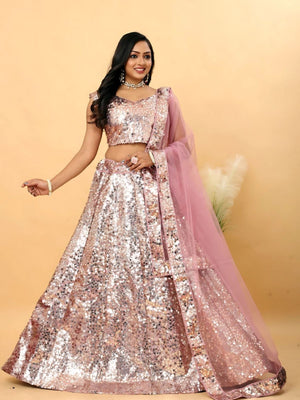 Rajwada Light Pink Satin Slik Embellished Semi-Stitched Lehenga For Women