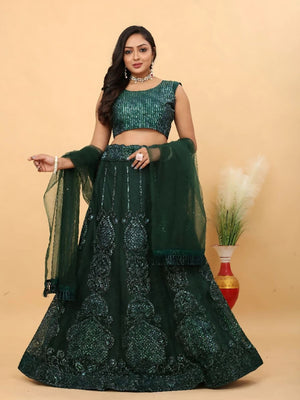 Rajwada Dark Green Net Embellished Semi-Stitched Lehenga For Women