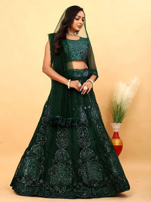 Rajwada Dark Green Net Embellished Semi-Stitched Lehenga For Women