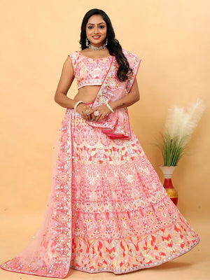 Rajwada Pink Georgette Embellished Semi-Stitched Lehenga For Women