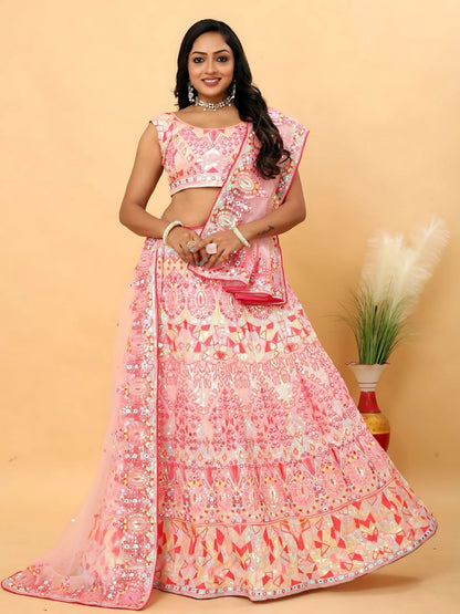 Rajwada Pink Georgette Embellished Semi-Stitched Lehenga For Women