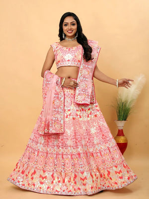 Rajwada Pink Georgette Embellished Semi-Stitched Lehenga For Women