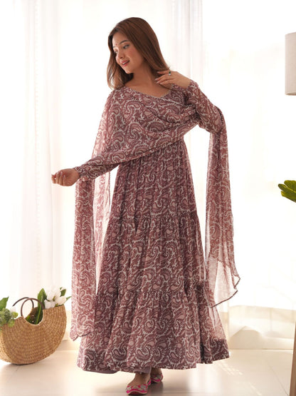 Rajwada Brown Georgette Printed Kurta Set For Women