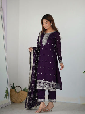 Rajwada Purple Silk Blend Embroidered Kurta Set For Women
