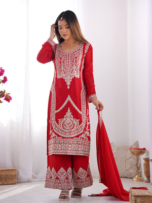 Rajwada Red Silk Blend Embroidered Kurta Set For Women